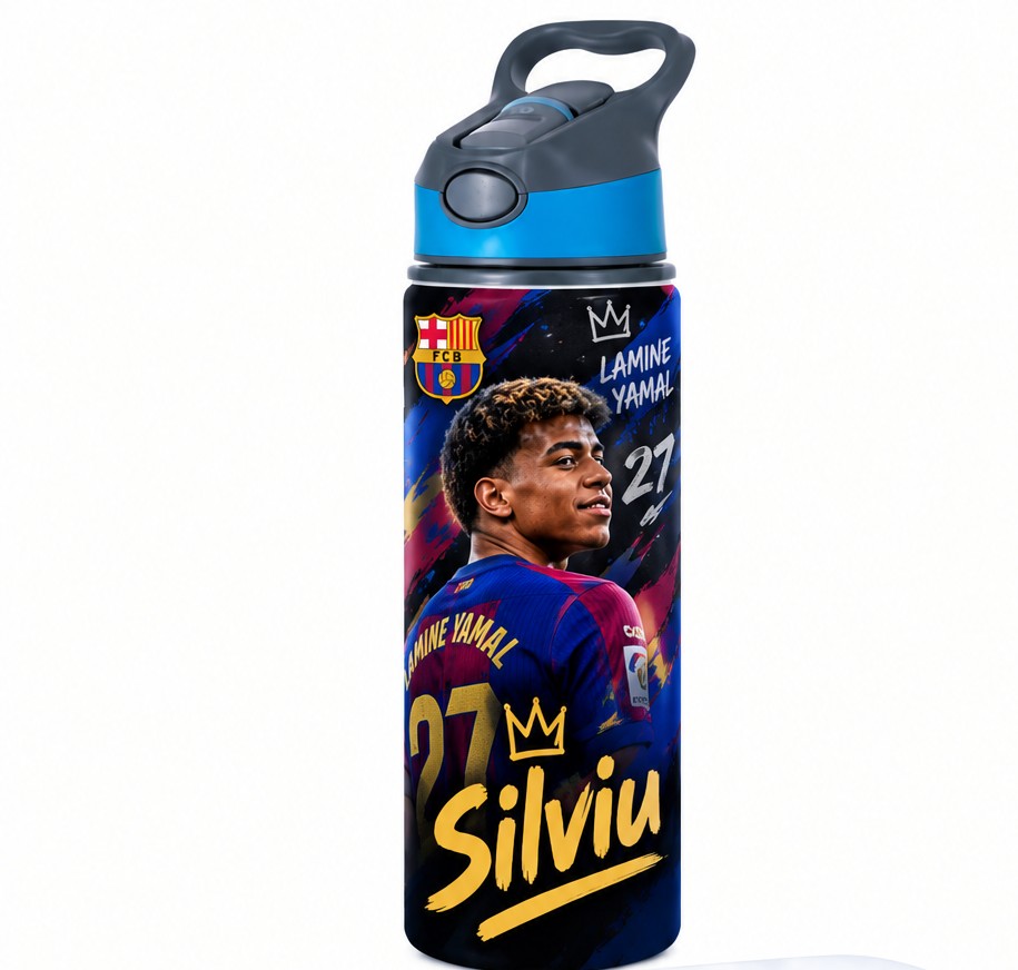 Bidon de apă personalizat cu Lamine Yamal privind peste umăr și nume, 650 ml