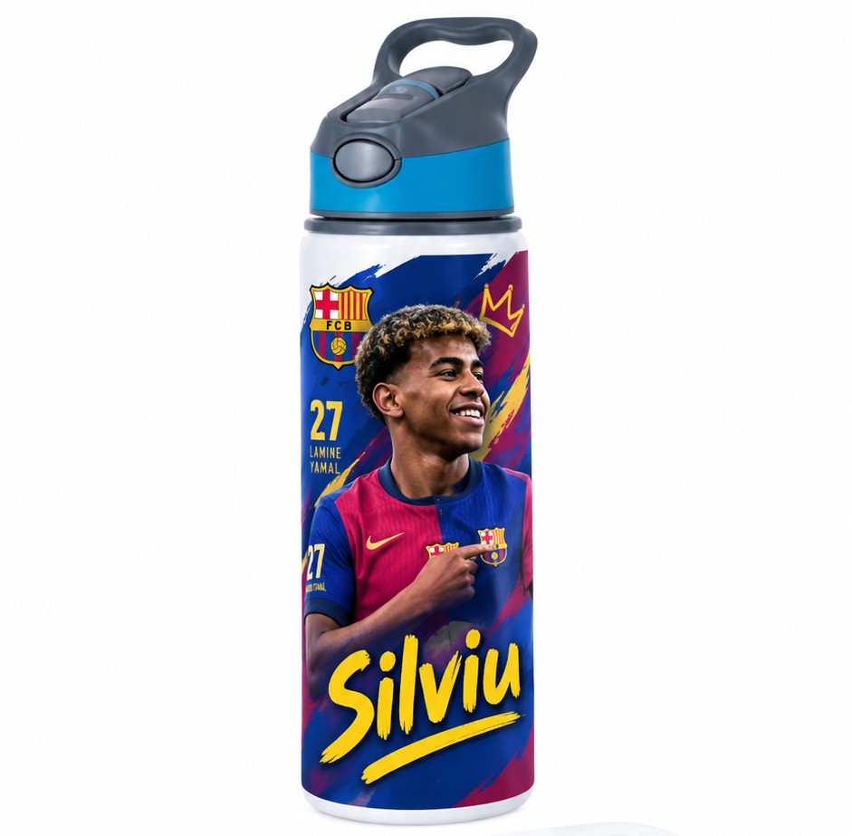 Bidon de apă personalizat cu Lamine Yamal în tricoul Barcelonei și nume, 650 ml