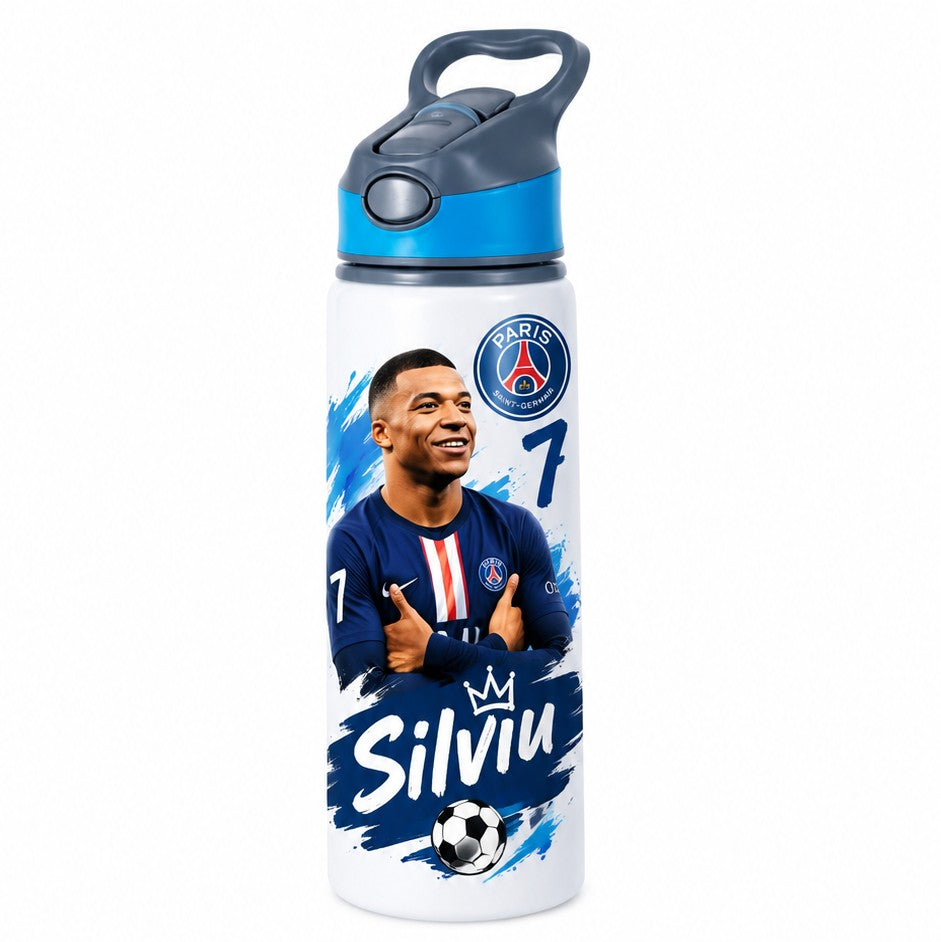 Bidon de apă personalizat cu Kylian Mbappé în tricoul PSG și nume, 650 ml