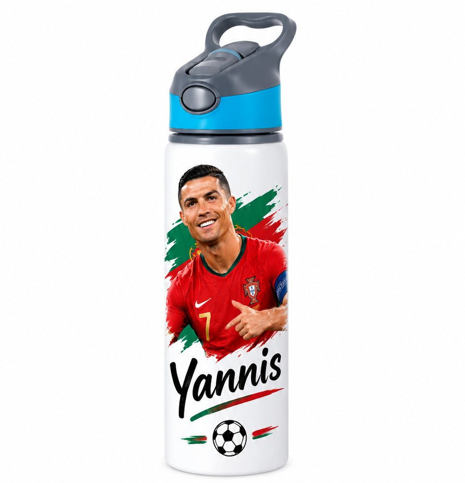 Bidon de apă personalizat cu Cristiano Ronaldo în tricoul Portugaliei și nume, 650 ml
