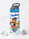 Bidon de apă personalizat cu Patrula Cățelușilor, mingi de fotbal și nume, 650 ml