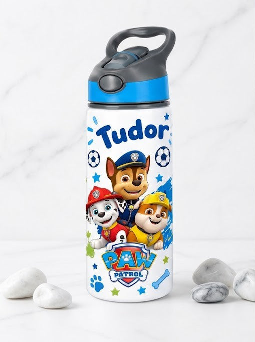 Bidon de apă personalizat cu Patrula Cățelușilor, mingi de fotbal și nume, 650 ml
