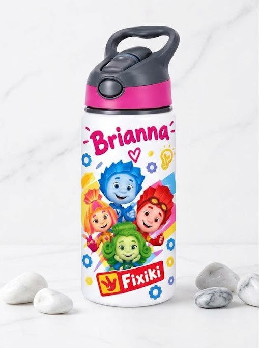 Bidon de apă personalizat cu Fixiki pe fundal alb și nume, 650 ml