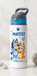 Bidon de apă personalizat cu Bluey, Bingo și nume cu majuscule, 650 ml