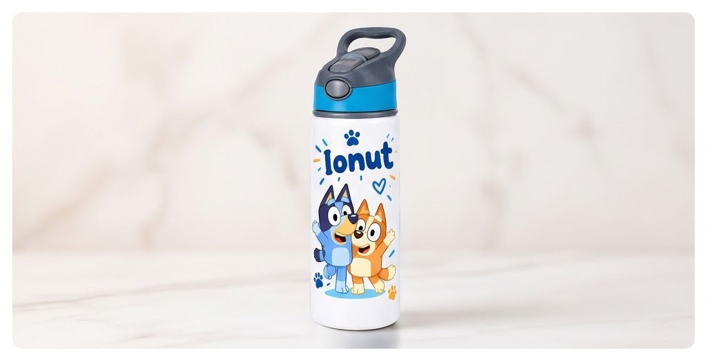Bidon de apă personalizat cu Bluey și Bingo pe fundal alb și nume, 650 ml