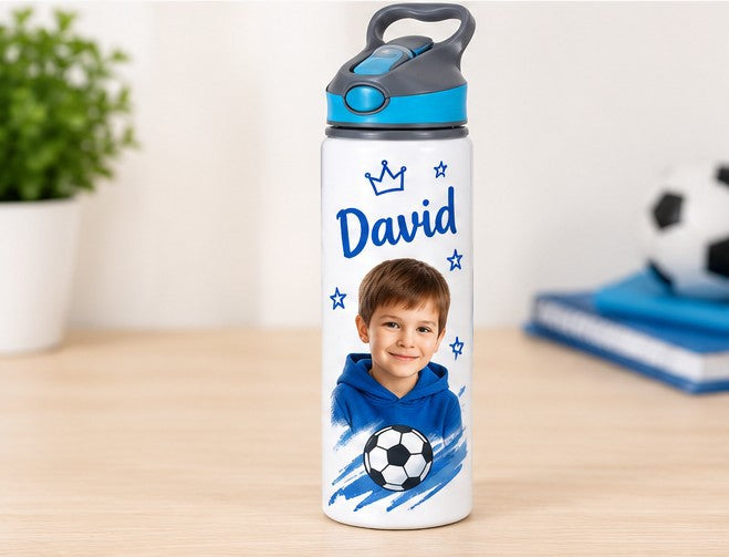 Bidon de apă personalizat cu fotografia ta, minge de fotbal și nume, 650 ml