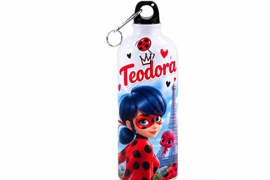 Bidon de apă personalizat cu Ladybug, Tikki și nume, 500 ml