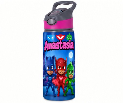 Bidon de apă personalizat cu Eroii în pijama pe fundal nocturn și nume, 650 ml