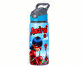 Bidon de apă personalizat cu Ladybug pe fundal albastru și nume, 650 ml