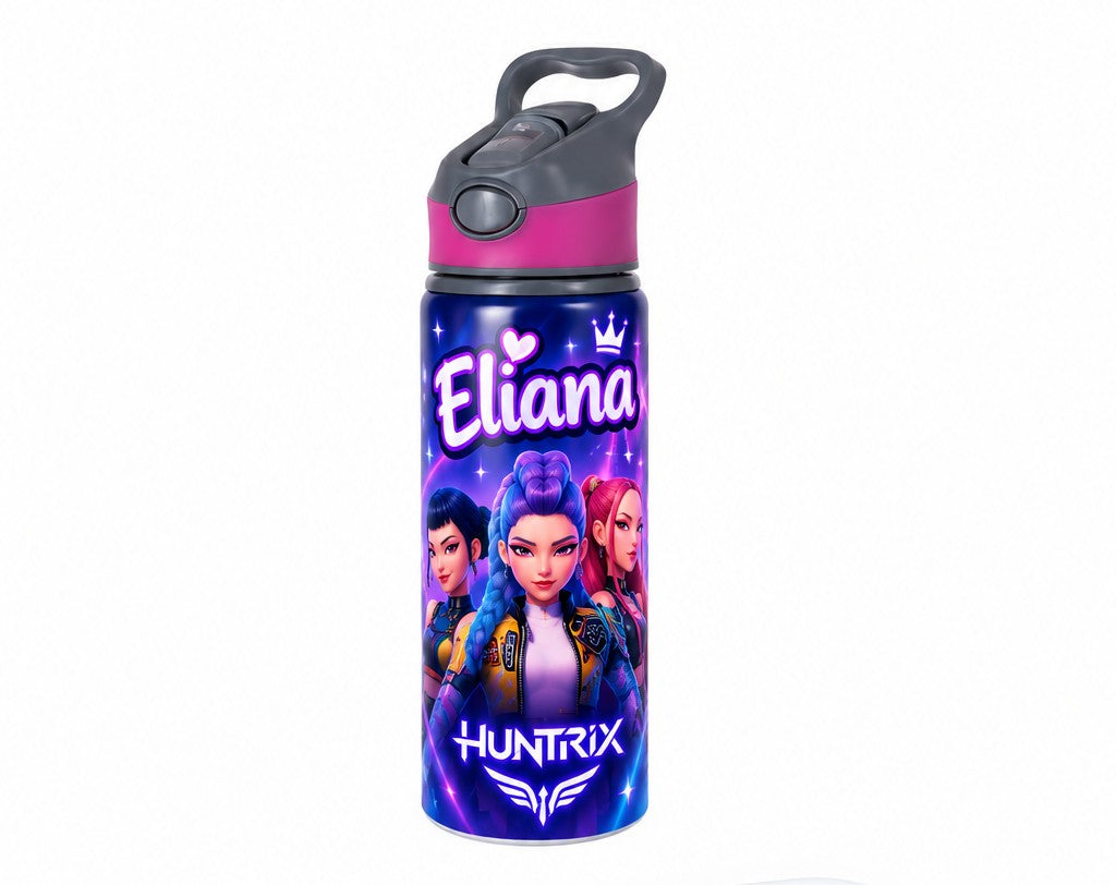 Bidon de apă personalizat HUNTR/X cu fundal mov-albastru și nume, 650 ml