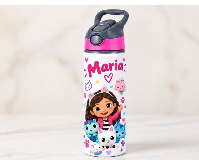 Bidon de apă personalizat cu Gabby, pisicuțe și nume, 650 ml