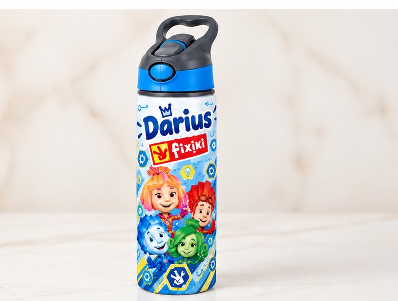 Bidon de apă personalizat cu Fixiki, rotițe dințate și nume, 650 ml