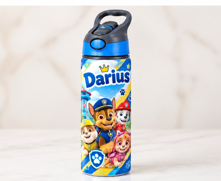 Bidon de apă personalizat cu Patrula Cățelușilor și nume, 650 ml
