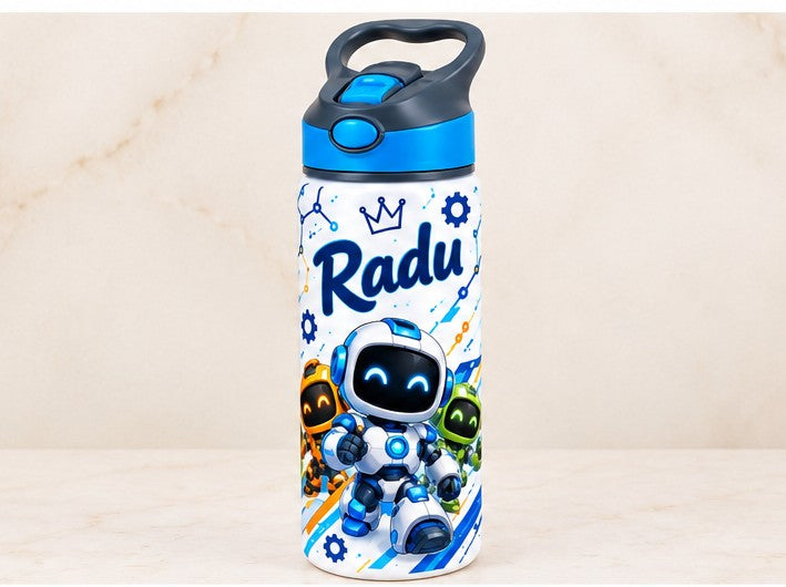 Bidon de apă personalizat cu roboței veseli și nume, 650 ml