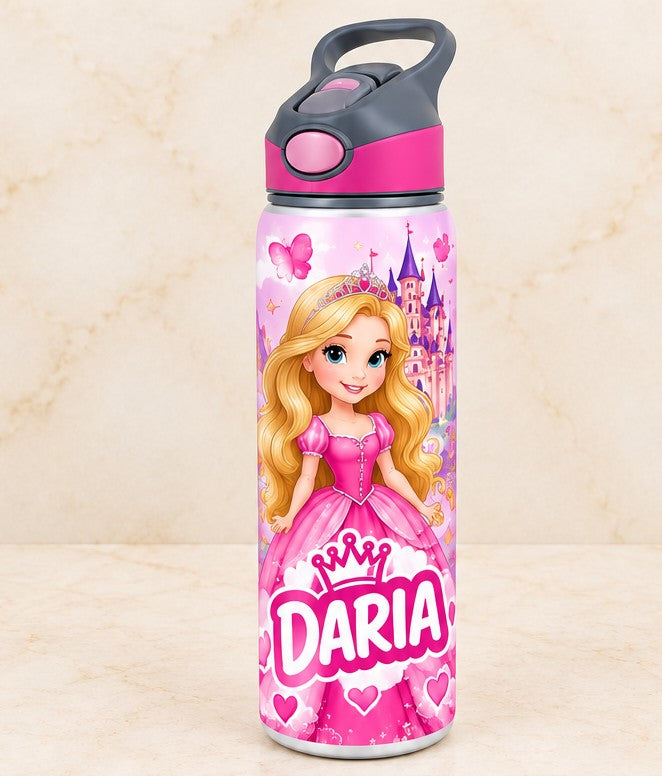 Bidon de apă personalizat cu prințesă în rochie roz și nume, 650 ml