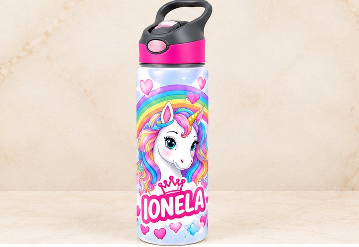 Bidon de apă personalizat cu unicorn, curcubeu și nume, 650 ml