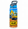 Bidon de apă personalizat cu excavator galben și nume, 650 ml
