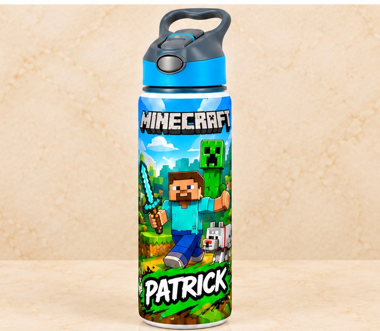Bidon de apă personalizat cu Minecraft, Steve, Creeper și nume, 650 ml