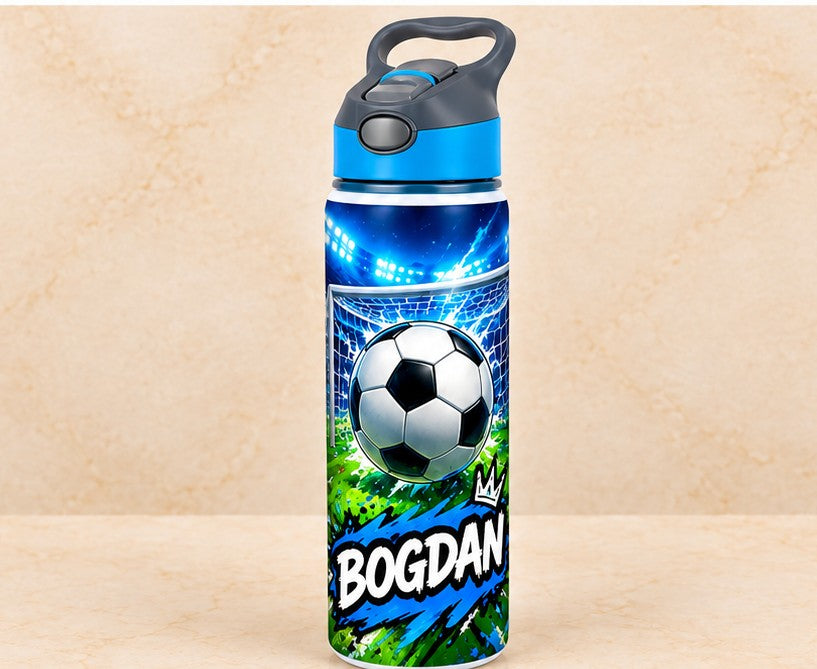 Bidon de apă personalizat cu minge de fotbal, poartă și nume, 650 ml