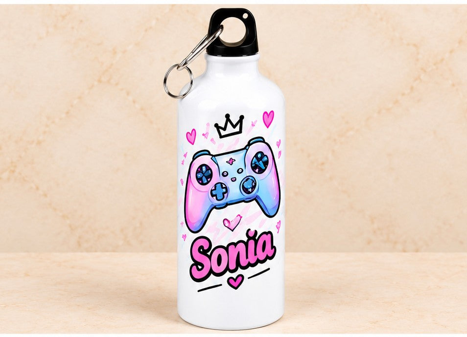 Bidon de apă personalizat cu controller pastel, inimioare și nume, 500 ml