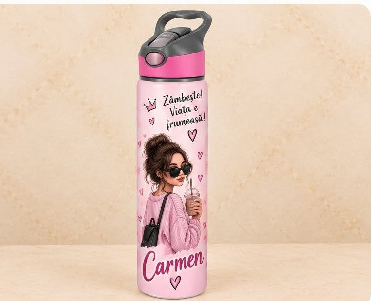 Bidon de apă personalizat cu tânără cu ochelari de soare și nume, 650 ml