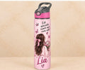 Bidon de apă personalizat cu fetiță cu fundiță roz, flori și nume, 650 ml