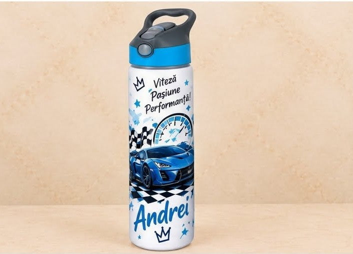 Bidon de apă personalizat cu mașină sport albastră și nume, 650 ml