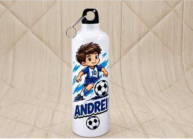 Bidon de apă personalizat cu băiețel fotbalist în echipament albastru și nume, 500 ml