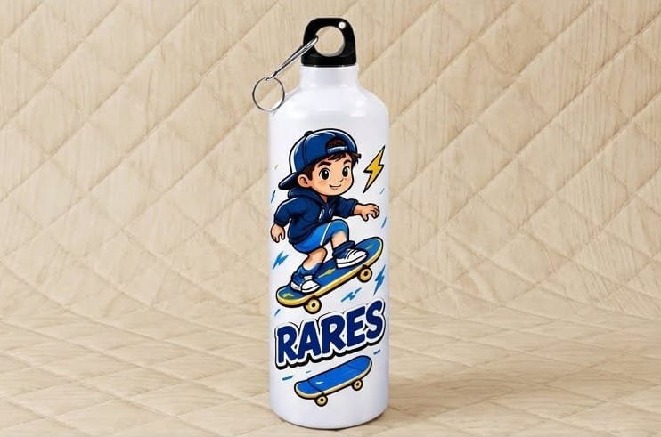 Bidon de apă personalizat cu băiețel pe skateboard și nume, 500 ml
