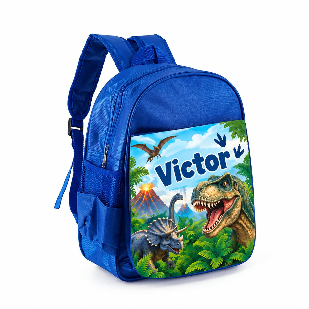 Ghiozdan albastru personalizat cu nume – Dinozauri cu vulcan și junglă