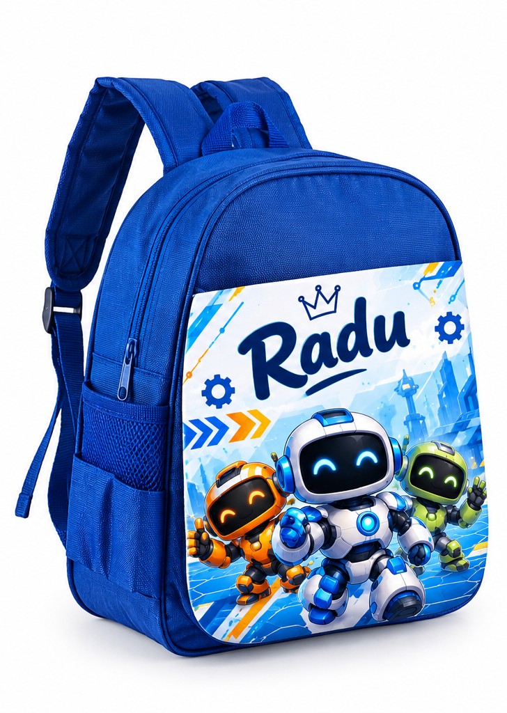 Ghiozdan albastru personalizat cu nume – Trei roboței veseli în orașul viitorului