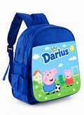 Ghiozdan albastru personalizat cu nume – Peppa și George la fotbal