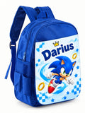 Ghiozdan albastru personalizat cu nume – Sonic cu steluțe pe fundal deschis
