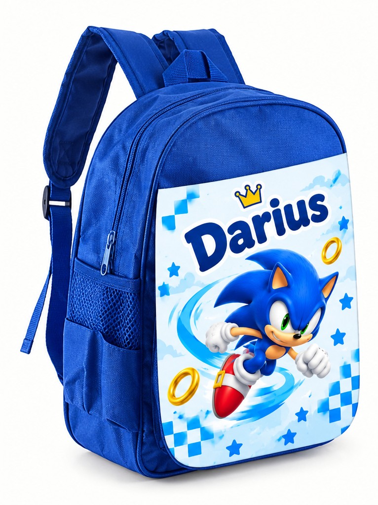 Ghiozdan albastru personalizat cu nume – Sonic cu steluțe pe fundal deschis