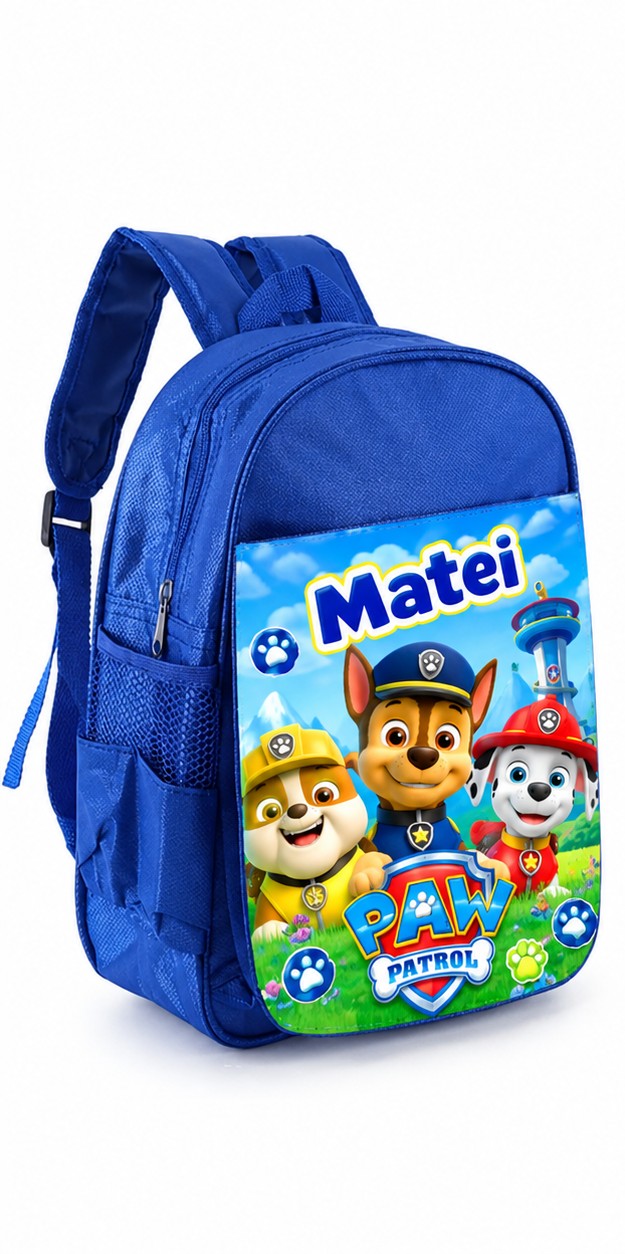 Ghiozdan albastru personalizat cu nume – Patrula Cățelușilor, Chase, Rubble și Marshall