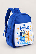 Ghiozdan albastru personalizat cu nume – Bluey și Bingo cu inimioare și lăbuțe