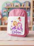 Ghiozdan roz personalizat cu nume – Prințesă cu unicorn, iepuraș și zână