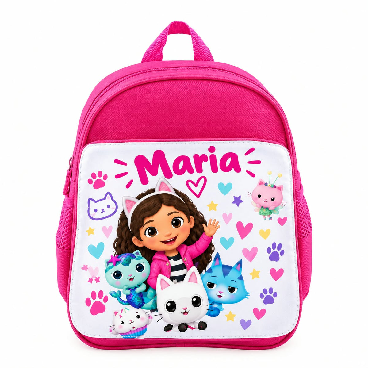 Ghiozdan roz personalizat cu nume – Fetiță cu pisicuțe, inimioare și lăbuțe