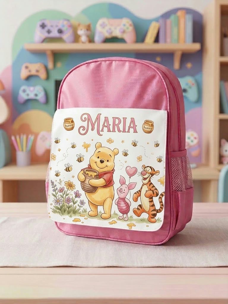 Ghiozdan roz personalizat cu nume – Winnie de Pluș, Purceluș și Tigru cu miere