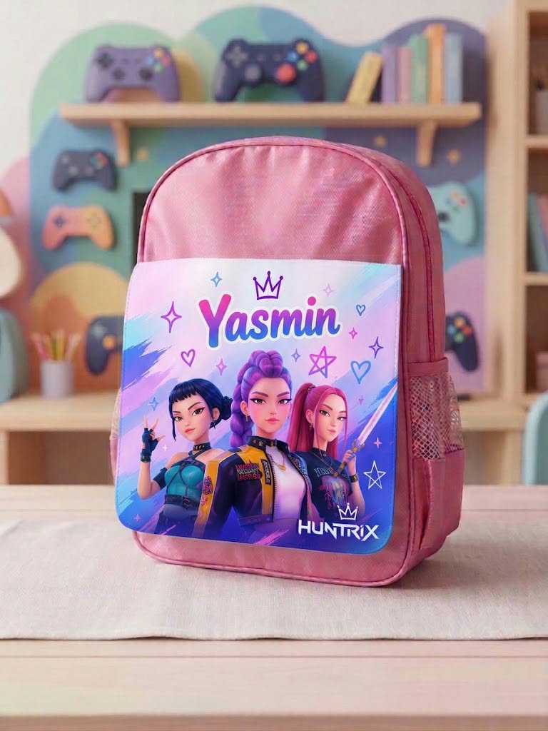 Ghiozdan roz personalizat cu nume – HUNTRIX cu trei personaje și steluțe