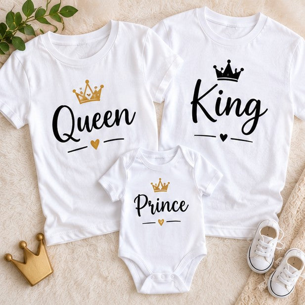 Set familie cu coroane – Queen, King și Prince, 2 tricouri și body