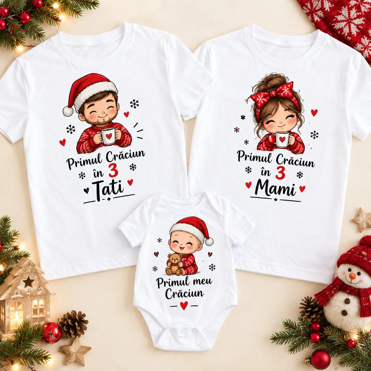 Set familie Primul Crăciun în 3 – Tati, Mami și bebe, 2 tricouri și body