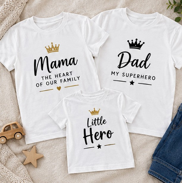 Set 3 tricouri familie cu coroane – Mama, Dad și Little Hero