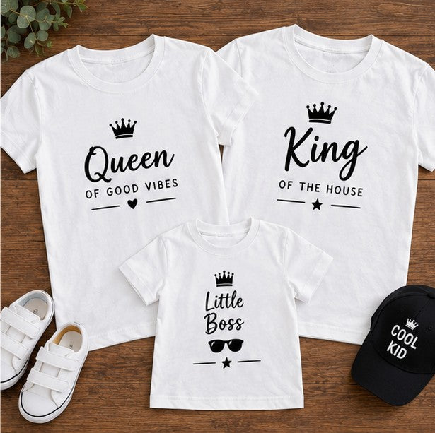 Set 3 tricouri familie – Queen of Good Vibes, King of the House și Little Boss
