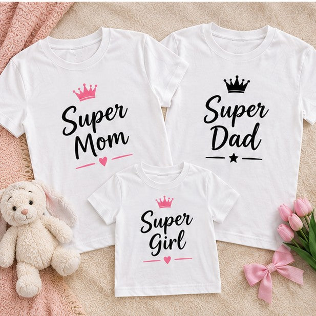 Set 3 tricouri familie cu coroane – Super Mom, Super Dad și Super Girl