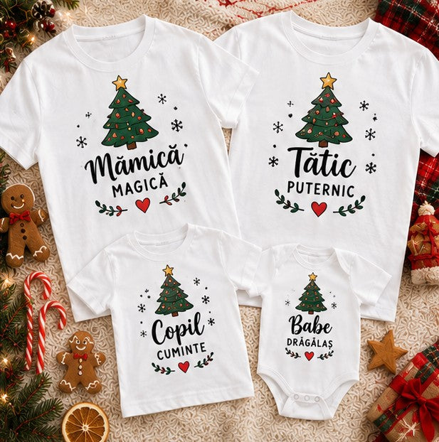 Set familie de Crăciun cu brăduți – 3 tricouri și body bebe