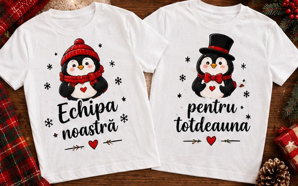 Set 2 tricouri cuplu cu pinguini – Echipa noastră pentru totdeauna