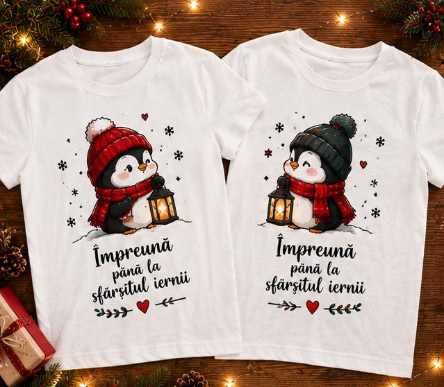 Set 2 tricouri cuplu de Crăciun – Pinguini, Împreună până la sfârșitul iernii