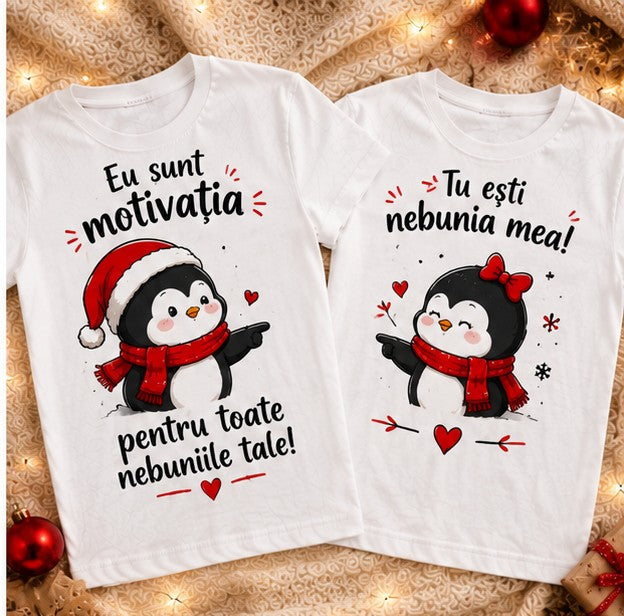 Set 2 tricouri cuplu cu pinguini – Tu ești nebunia mea