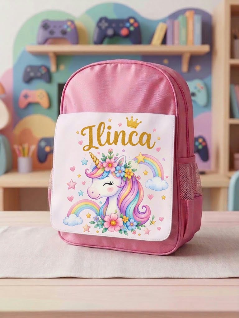 Ghiozdan roz personalizat cu nume – Unicorn cu ochii închiși, flori și curcubee